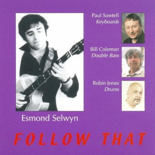 "CD cover with a man playing guitar and three other men's portraits on purple background."