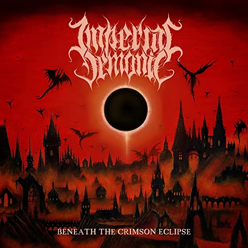 Red album cover with a dark castle, eclipse, and flying dragons.