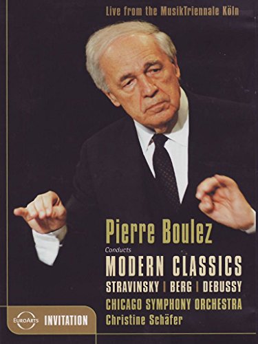 Pierre Boulez conducting, DVD cover featuring composer names and orchestra.