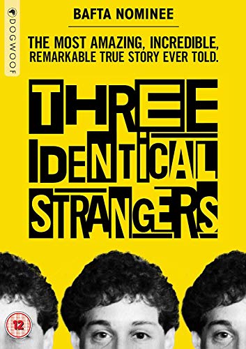 DVD cover for “Three Identical Strangers” featuring three young men’s faces.