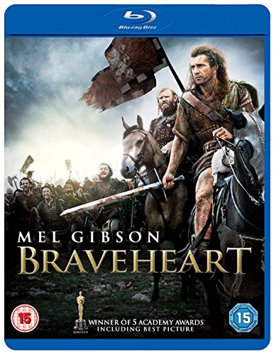 Mel Gibson on horseback leading a medieval army in the Braveheart Blu-ray cover art.