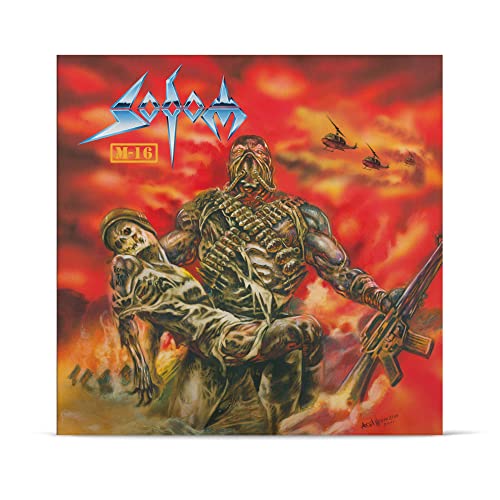 Album cover for Sodom’s “M-16” depicting a soldier carrying a fallen comrade.