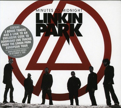 "Linkin Park CD cover with band members standing below a red warning sign."