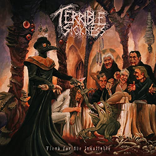 Dark album cover depicting plague doctor and grotesque, suffering figures.