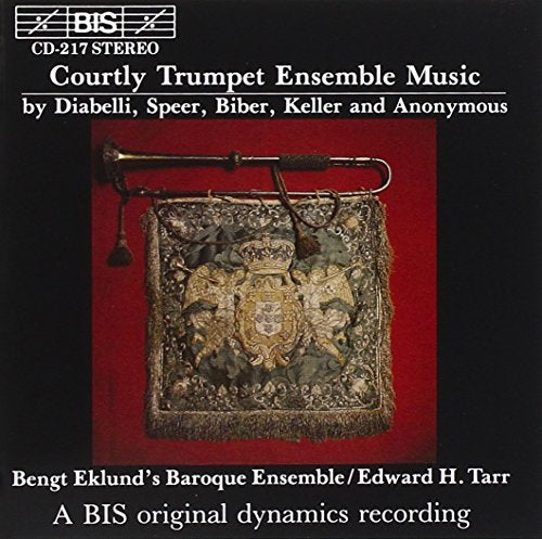 CD cover: Baroque trumpet with ornate fabric, text details composers and artists.