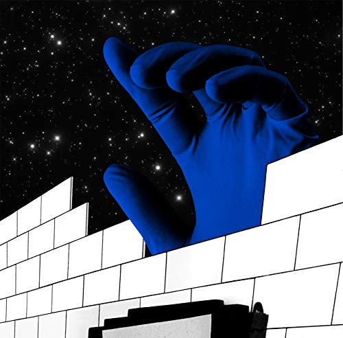 Blue hand reaching over a white, blocky structure against a starry sky.