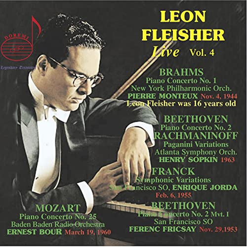 CD cover featuring pianist Leon Fleisher in a suit, with composer names.