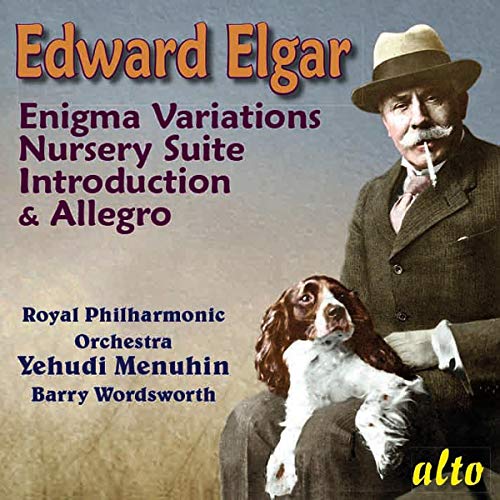 CD cover featuring composer Edward Elgar with his dog, and text details.
