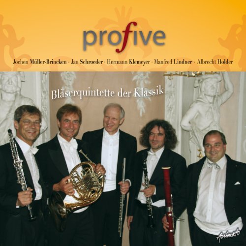 CD cover featuring five musicians with wind instruments in formal wear.
