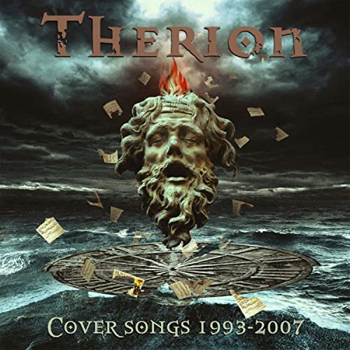 Therion album cover: stone face with flames, stormy sea, and text.