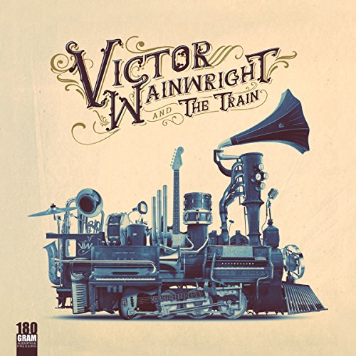 Vinyl album cover featuring a train made of musical instruments, beige background.