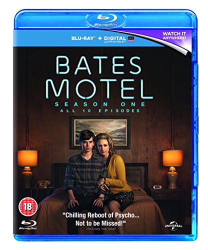 "Bates Motel Season 1 Blu-ray case with man and woman sitting on a bed."