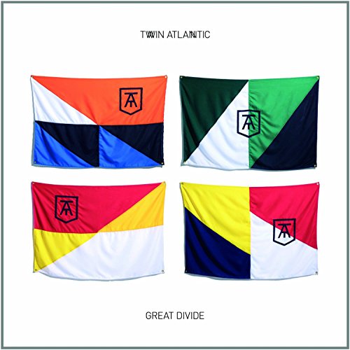 Four colorful flags with a logo on a white background, displaying "TWIN ATLANTIC GREAT DIVIDE".