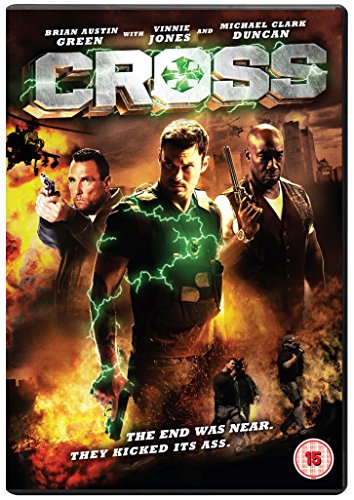 DVD cover for "Cross" featuring three men with guns amid explosions.