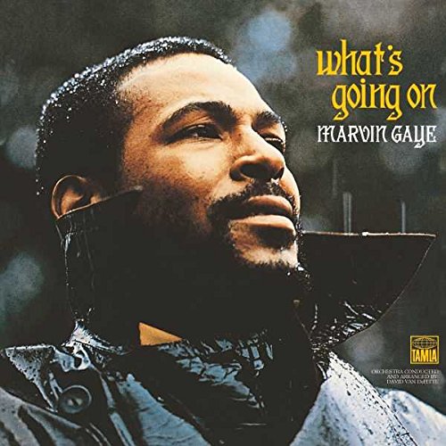 Vinyl record cover featuring Marvin Gaye with rain droplets, looking upwards, with title text.