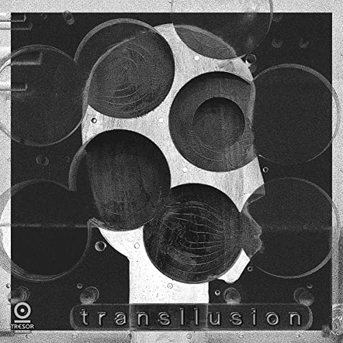 Abstract black and white album cover with circular and cross shapes.