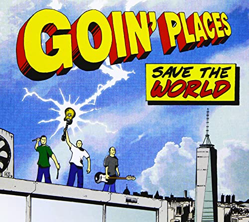 CD cover: cartoon cityscape with band members and lightning bolts.