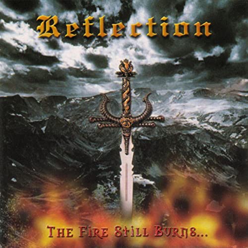 CD cover: stormy landscape with a sword engulfed in flames.