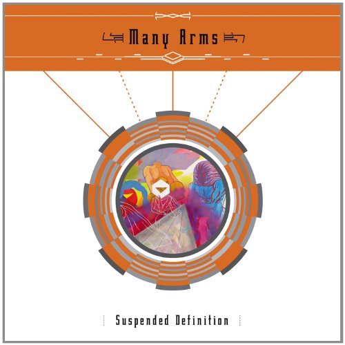 "Album cover with orange banner, circular artwork, and abstract figures inside."