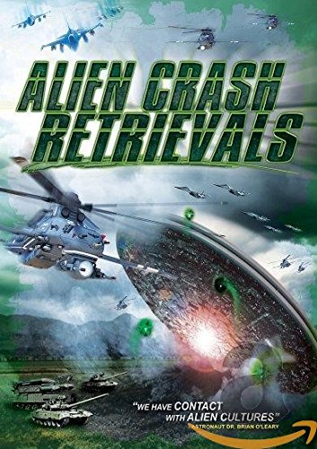 "Alien Crash Retrievals DVD cover featuring military aircraft and UFOs in a chaotic scene."