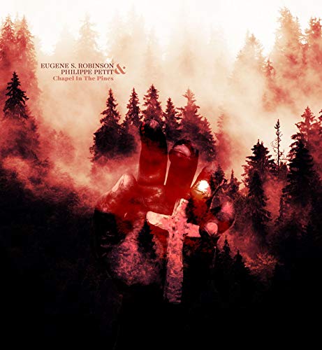 Red forest scene with a hand holding a cross, album cover art.