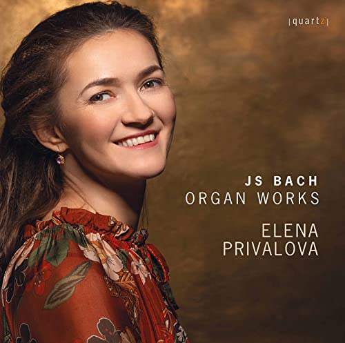 CD cover featuring portrait of Elena Privalova and text “JS Bach Organ Works”.