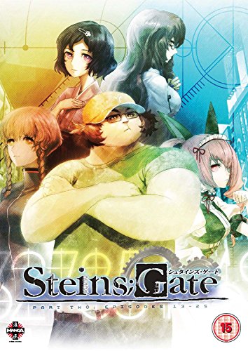 "Anime DVD cover featuring five characters with 'Steins;Gate Part 2' title and 15 rating."