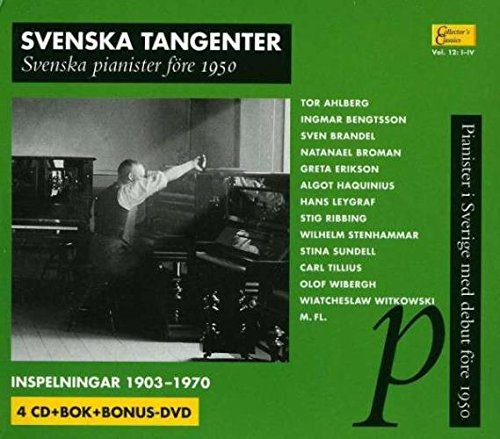 Green CD cover with black-and-white pianist image and white text listing Swedish pianists' names.