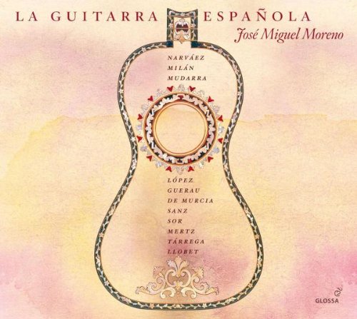 "Album cover featuring a stylized guitar with a list of names on a pink background."