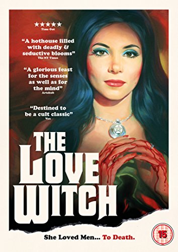 DVD cover for "The Love Witch" featuring a woman with dark hair and red accents.