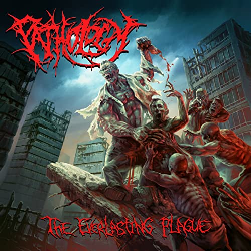 CD cover: zombies rising amidst ruined city buildings, bloody imagery.
