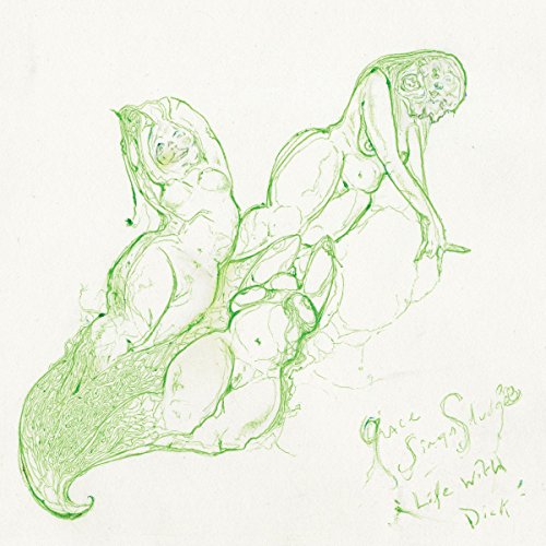 Green sketch of three intertwined figures with handwritten text below.