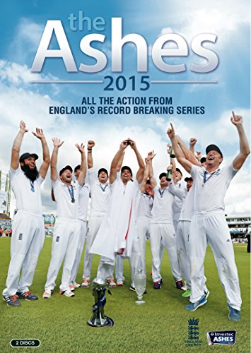 "The Ashes 2015" DVD cover featuring cricket players celebrating on a green field.
