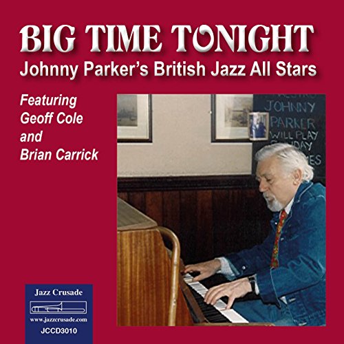 "Album cover with red background, featuring a man playing piano."