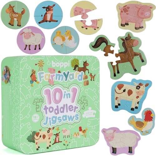10 in 1 Progressive Jigsaw Puzzles for Toddlers 18 Months and Up - Farmyard Animal Toddler Puzzles/Child Development Toys/Montessori Toys - Farm Animal Puzzle by boppi Made with 100% Recycled Card