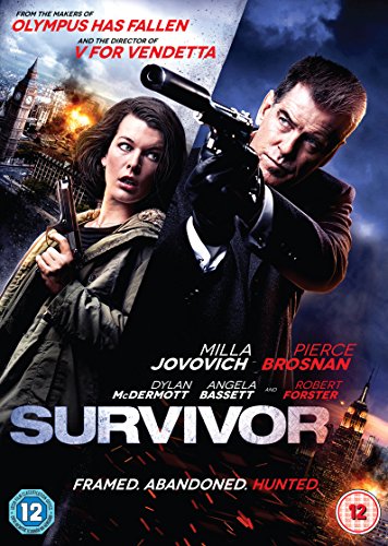 “Survivor” DVD cover featuring Milla Jovovich and Pierce Brosnan with guns.