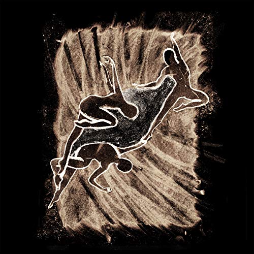 The image is a black vinyl record with a white line drawing of two figures. Alt text: Black vinyl record with white abstract figure drawing.