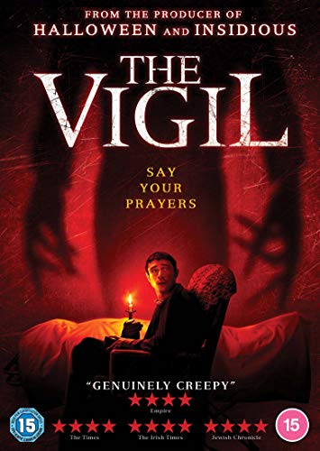 DVD cover for horror film "The Vigil" with a man and ghostly figures.