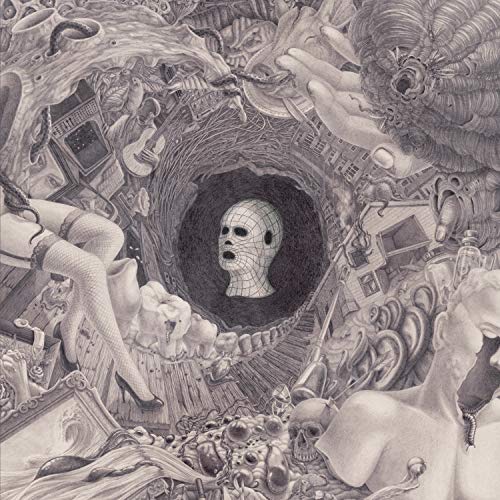 Black and white surrealist album cover with a central human head image.