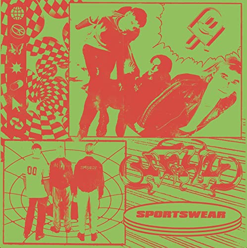 Collage of figures in sportswear with checkered and circular patterns.