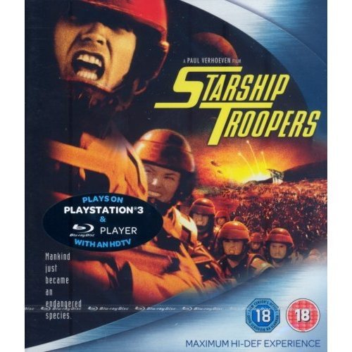 Starship Troopers Blu-ray cover with soldiers and explosions, plays on Playstation 3.