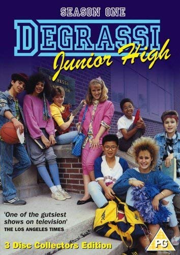 Degrassi Junior High" Season 1 DVD cover with a group of 80s-style students.