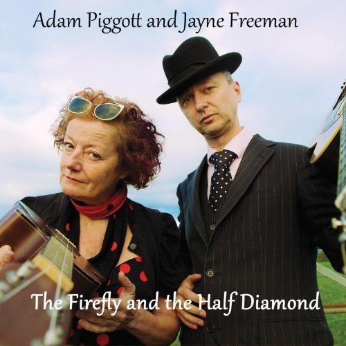 "Album cover featuring a man and woman holding instruments, dressed in formal attire."