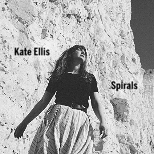 Black and white album cover for Kate Ellis’s “Spirals,” featuring a woman.