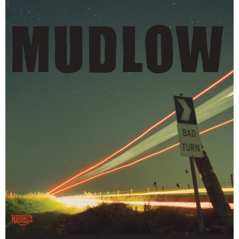Mudlow "Bad Turn" vinyl cover: highway sign with light trails, dark sky.