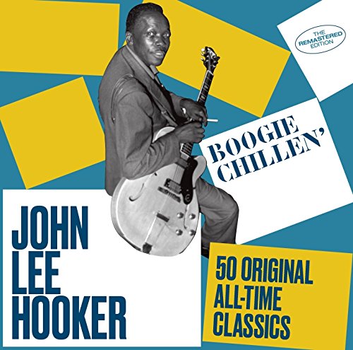 "Album cover featuring John Lee Hooker playing guitar, with text on blue and yellow background."
