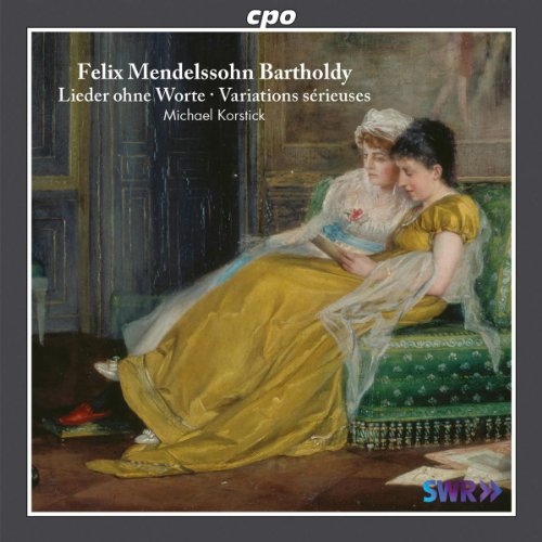 "CD cover featuring a painting of two women in yellow dresses on a green sofa."