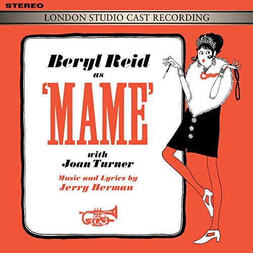"Album cover with cartoon woman in black dress on orange background, titled 'Mame'."
