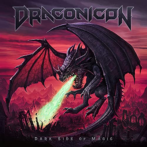 CD cover: black dragon breathing green fire against a fiery landscape.