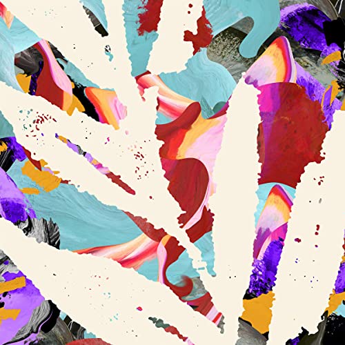 Abstract colorful paint strokes and shapes on a white background.